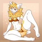 anthro bottomwear bra clothing ear_piercing female fur neck-fluff pants piercing sitting smile solo spread_legs spreading underwear white_body white_fur conditional_dnp taurika felid feline mammal 1:1 hi_res