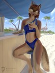 alcohol anthro beverage bikini chair clothing cocktail female furniture glass hair plant sky solo swimwear tail tree two-piece_swimsuit techiesxc canid canine canis coyote mammal 3:4 hi_res shaded