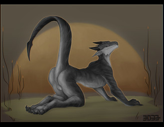 all_fours anthro anus balls black_border border claws genitals looking_at_viewer male raised_tail side_view smile solo tail tail_anus 3033 lizard reptile scalie