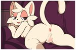 anthro anus bedroom_eyes border breasts butt female fur genitals looking_back lying narrowed_eyes nipples nude on_front plump_labia presenting presenting_hindquarters pussy raised_tail seductive small_breasts solo tail white_body white_border white_fur luuriolu domestic_cat felid feline felis mammal hi_res