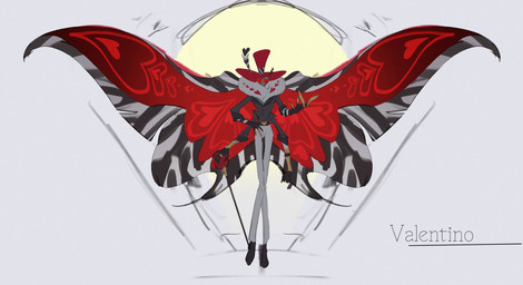 anthro clothed clothing footwear hat headgear headwear insect_wings male shoes solo text wings watashi_ich hazbin_hotel hellaverse valentino_(hazbin_hotel) arthropod demon insect lepidopteran moth character_name hi_res