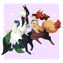 anthro big_tail black_body black_fur bow_ribbon breast_curtains breasts cape clothing countershade_fur countershading duo ear_bow eyelashes female female/female female_anthro fur geometric_background green_body green_fur heart_symbol inner_ear_fluff leaning leaning_forward mask medium_breasts navel neck_bow orange_body orange_fur pawpads paws side_view simple_background sitting smile smiling_at_another tail thick_thighs tuft wearing_mask wide_hips sarifairy nintendo pokemon braixen generation_6_pokemon generation_9_pokemon meowscarada pokemon_(species) 1:1 2026 absurd_res digital_drawing_(artwork) digital_media_(artwork) hi_res shaded signature