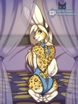 animal_print anthro bedroom blonde_hair blue_eyes cheetah_print female hair looking_at_viewer looking_back solo inktiger chi_(inktiger) lagomorph leporid mammal rabbit 2022 watermark