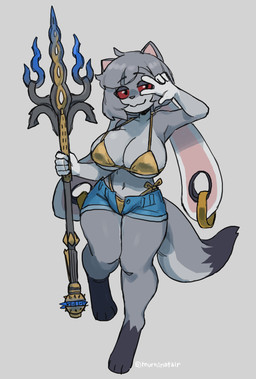 anthro big_breasts bikini bottomwear breasts clothing ear_piercing ear_ring female floppy_ears fur gauged_ear gesture glaive gold_(metal) gold_bikini gold_ear_ring grey_body grey_fur grey_hair hair hand_gesture long_tail looking_at_viewer lop_ears melee_weapon piercing polearm red_sclera ring_piercing shorts solo swimwear tail two-piece_swimsuit v_sign weapon murninatair bungie destiny_(series) destiny_2 jund_(smugjund) canid canine canis hybrid lagomorph leporid mammal rabbit wolf hi_res