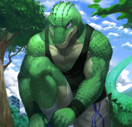 anthro black_clothing black_topwear blue_sky bottomwear building clothing cloud countershading green_body green_scales green_tail grey_bottomwear grey_clothing grey_shorts head_spikes male mouth_closed muscular muscular_anthro muscular_male pecs plant scales shirt shorts sky solo spiked_tail spikes spikes_(anatomy) tail tank_top topwear tree unsigned t.y.stars crocodilian reptile scalie absurd_res hi_res