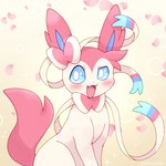 ambiguous_gender blue_eyes blush bow_(anatomy) bow_(feature) bubble cute_fangs fangs feral fur heart_symbol infatuation looking_at_viewer petals pink_body pink_fur ribbons_(anatomy) sitting solo sparkles teeth tendrils white_body white_fur giyuyuchan nintendo pokemon eeveelution generation_1_pokemon generation_6_pokemon pokemon_(species) sylveon hi_res signature