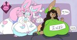 anthro big_breasts big_butt bottomwear breasts brown_body brown_hair butt clothing duo female hair huge_breasts huge_butt pink_hair shirt shorts text thick_thighs topwear white_body lewdchuu_(artist) nintendo pokemon pyon_(lewdchuu) eeveelution generation_6_pokemon lagomorph leporid mammal pokemon_(species) rabbit sylveon english_text hi_res