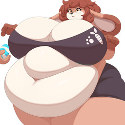 4_fingers anthro belly big_belly big_breasts black_nose bottomwear breasts brown_hair cleavage clothed clothing deep_navel dipstick_ears ear_markings egg eyewear female fingers fur glasses gloves_(marking) hair holding_object holidays huge_breasts markings multicolored_body multicolored_ears multicolored_fur navel obese obese_anthro obese_female offscreen_character orange_eyes overweight overweight_anthro overweight_female shirt shorts simple_background solo tan_body tan_fur topwear wearing_glasses white_background hidenafox easter lagomorph leporid mammal rabbit 1:1 absurd_res hi_res shaded