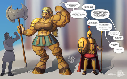anthro armor axe big_muscles biped blonde_hair dialogue digitigrade double_bitted_axe female flexing group hair hooves huge_muscles hyper hyper_muscles leather leather_armor male military muscular pteruges soldier text warrior agonwolfe european_mythology greek_mythology mythology bovid bovine cattle human mammal minotaur english_text hi_res