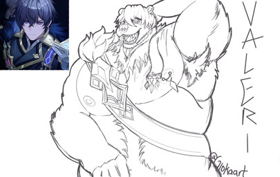 anthro armpit_hair body_hair gioka(artist) male nipple_piercing nipples overweight piercing solo text valeri_(genshin_impact) genshin_impact mihoyo bear mammal hi_res line_art