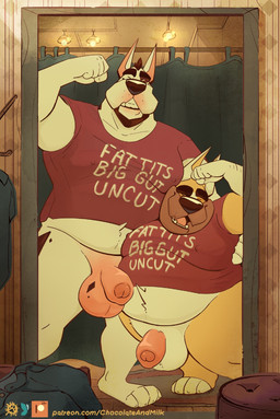 anthro balls belly big_belly bottomless bottomless_male clothed clothing duo eyes_closed flaccid flexing flexing_bicep foreskin front_view fur genitals grin humanoid_genitalia humanoid_penis male male_anthro moobs musclegut muscular muscular_anthro muscular_male nipple_outline obese obese_anthro obese_male open_mouth open_smile overweight overweight_anthro overweight_male penis pink_balls pink_penis red_clothing red_shirt red_t-shirt red_topwear shirt shirt_only smile standing t-shirt text topwear topwear_only white_balls white_body white_fur yellow_body yellow_fur chocolateandmilk fat_tits_big_gut_uncut richard_(chocolateandmilk) canid canine canis domestic_dog mammal hi_res url