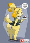 anthro anus barely_visible_anus bottomwear bottomwear_pull breasts butt cake cake_slice clothed clothing clothing_pull dessert dialogue female food no_underwear raised_bottomwear raised_clothing raised_skirt skirt skirt_pull solo speech_bubble spoon_in_mouth text thick_thighs ike_marshall animal_crossing nintendo isabelle_(animal_crossing) canid canine canis domestic_dog mammal english_text hi_res