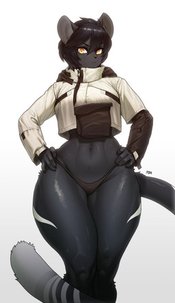 anthro black_body black_hair breasts clothing curvy_figure female hair hands_on_hips jacket navel panties solo stripes thick_thighs topwear underwear wide_hips yellow_eyes pgm300 nisha_(pocket-sand) felid mammal 2022 absurd_res hi_res