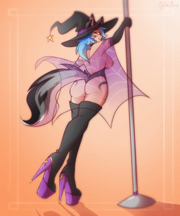 areola barbell_piercing biped black_body black_fur blue_hair blue_lipstick boots breasts butt choker clothed clothing ear_piercing eyebrows eyelashes female footwear fur grey_body grey_fur hair hat headgear headwear high_heeled_boots high_heels holidays jewelry lipstick long_hair looking_at_viewer looking_back looking_back_at_viewer makeup necklace nipple_barbell nipple_piercing nipples occult_symbol pentagram piercing pink_areola pink_nipples platform_boots platform_footwear rear_view red_eyes shoes solo symbol tail white_body white_fur witch_hat spider_bones halloween animal_humanoid humanoid 2025 5:6 digital_media_(artwork) hi_res shaded