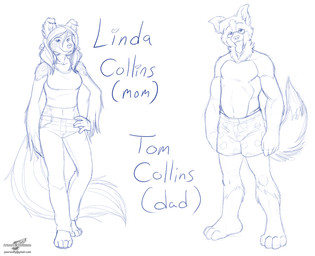 anthro clothing duo female looking_at_viewer male simple_background tail text white_background wolfblade linda_collins tom_collins border_collie canid canine canis collie domestic_dog herding_dog mammal pastoral_dog sheepdog black_and_white english_text model_sheet monochrome source_request father_(lore) mother_(lore) parent_(lore)