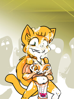 anthro areola big_areola big_breasts big_hair bite biting_lip bodily_fluids bottomwear breasts bukkake clothed clothing cosplay cum cum_on_face exhibitionism exposed_breasts eyelashes female fur genital_fluids green_eyes group hair jewelry loincloth male multicolored_body multicolored_fur necklace nipples orange_areola orange_body orange_fur orange_hair orange_nipples orange_spots partially_clothed_anthro partially_clothed_female pasties ponytail pose presenting public public_nudity sharp_teeth spots teeth topless topless_anthro topless_female triforce triforce_symbol white_body white_fur white_mouth white_spots scott_ramsoomair vglewds nintendo the_legend_of_zelda vg_cats april_(vg_cats) domestic_cat felid feline felis mammal hi_res pinup