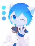 anthro blue_eyes blue_hair blue_inner_ear blush clothing eyewear fur gesture goggles hair hand_gesture hoodie kemono male one_eye_closed shirt simple_background solo topwear v_sign white_background white_body white_clothing white_fur white_shirt white_topwear wink young young_anthro aoino spica_(aoino) canid canine canis domestic_dog mammal digital_media_(artwork) hi_res portrait