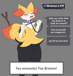 animal_genitalia anthro canine_genitalia collar genitals holding_leash holding_object leash leashed_collar male spiked_collar spikes talking_to_viewer text froogg nintendo pokemon braixen generation_6_pokemon pokemon_(species) absurd_res english_text hi_res