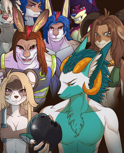 anthro cybernetic_limb female fur group horn knife looking_at_viewer male teeth visor huehuerhuest thragg_and_viltrumites_panel azzo iliran islea major039 renni bovid caprine domestic_ferret felid feline goat hare hybrid lagomorph leporid mammal mustelid musteline rexouium true_musteline weasel absurd_res hi_res