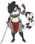 anthro armor big_breasts bottomwear breasts cleavage clothed clothing female hair loincloth looking_at_viewer melee_weapon open_mouth solo sword thick_thighs topwear weapon wide_hips blackbetty franciene_(tango's_family) mammal procyonid raccoon 4:5 hi_res