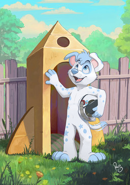 anthro armor blue_eyes blue_hair blue_markings blue_nose fangs featureless_crotch floppy_ears fur glistening glistening_eyes grass hair happy headgear helmet holding_armor holding_headgear holding_helmet holding_object logo looking_up male markings nude open_mouth open_smile pink_inner_ear pink_tongue plant short_hair smile solo standing teeth tongue white_body white_fur young young_anthro young_male pandapaco canid canine canis domestic_dog mammal artist_logo hi_res signature