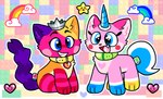 blue_eyes blue_horn blue_tail collar crown duo female feral fur green_collar grin headgear heart_symbol horn multicolored_body multicolored_fur open_mouth open_smile pink_body pink_fur purple_tail rainbow smile star tail two_tone_tail unicorn_horn yellow_collar raystarkitty lego the_lego_movie queen_watevra_wa'nabi unikitty domestic_cat felid feline felis mammal 2019 absurd_res digital_drawing_(artwork) digital_media_(artwork) flat_colors hi_res