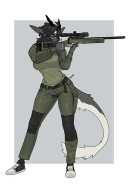 anthro biped bottomwear breasts claws clothed clothed_anthro clothed_female clothing female fingers front_view fully_clothed fully_clothed_anthro fully_clothed_female fur gun hair horn ranged_weapon rifle simple_background sniper_rifle solo standing tail topwear weapon pgm300 mythology chabett dragon mythological_creature mythological_scalie scalie 2026 absurd_res digital_drawing_(artwork) digital_media_(artwork) hi_res
