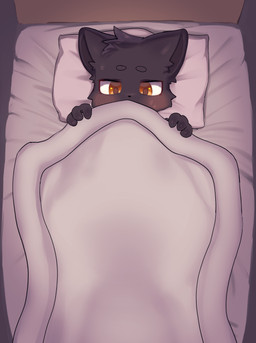 anthro bed bedroom black_body blush furniture male solo young hikku domestic_cat felid feline felis mammal absurd_res hi_res