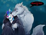 affectionate anthro arm_tuft biceps black_clothing blue_background blue_body blue_eyes blue_fur blush cheek_lick cheek_tuft claws cloak clothed clothing dialogue duo ears_back elbow_tuft face_lick facial_markings facial_tuft fangs fluffy fluffy_tail fur fuzzy grey_body grey_fur happy head_markings head_tuft heart_symbol hood hood_up hug licking looking_at_another looking_at_partner love male male/male markings mask_(marking) muscular muscular_anthro muscular_male narrowed_eyes neck_tuft one_ear_up one_eye_closed open_mouth open_smile pawpads pivoted_ears poncho red_eyes sharing_clothing simple_background size_difference smile speech_bubble tail teeth text tongue tongue_out topless tuft wearing_another_person's_clothing whisker_spots jackaloo dreamworks puss_in_boots_(franchise) death_(puss_in_boots) fan_character canid canine canis mammal wolf character_request hi_res spanish_text translated