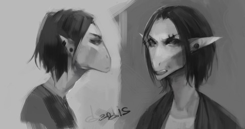 ambiguous_gender anthro black_hair clothed clothing ear_piercing eyebrow_piercing facial_piercing grey_background grumpy hair open_mouth piercing side_view simple_background solo three-quarter_view akrolayn valetta_(akrolayn) alien geodis_(species) humanoid 2018 bust_portrait digital_media_(artwork) digital_painting_(artwork) greyscale monochrome painting_(artwork) portrait shaded