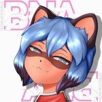 anthro blue_hair brown_body brown_fur brown_nose clothing female fur green_eyes hair pink_eyes red_clothing smile smug solo conditional_dnp shirsha brand_new_animal studio_trigger michiru_kagemori canid canine mammal raccoon_dog tanuki 1:1 absurd_res hi_res