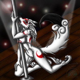 anthro anthrofied biped breasts claws dancing female fur genitals kneeling licking looking_at_viewer nipples nude pole pole_dancing red_eyes seductive solo tail toe_claws tongue tongue_out vulva white_body white_fur snowfyre capcom clover_studio okami_(capcom) amaterasu_(okami) canid canine canis deity mammal wolf 2013