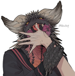 2_horns 5_fingers ambiguous/ambiguous ambiguous_anthro ambiguous_gender ambiguous_human anthro anthrofied arm_grab asian_clothing bent_arm black_body black_clothing black_scales black_shirt black_topwear bodily_fluids clothed clothed_ambiguous clothed_anthro clothing collarbone disembodied_hand duo east_asian_clothing finger_fetish finger_lick finger_play fingernails fingers first_person_view front_view horn human_pov japanese_clothing japanese_school_uniform licking multicolored_body nails nervous nervous_sweat open_mouth orange_eyes pink_tongue pov_hands pupils saliva scales school_uniform serafuku sharp_teeth shirt simple_background spikes spikes_(anatomy) sweat teeth text tongue tongue_out topwear uniform white_background yellow_sclera ggnn_(artist) capcom monster_hunter elder_dragon human mammal nergigante scalie 2025 artist_name digital_media_(artwork) shaded female_(lore)