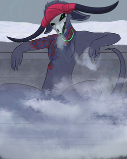 3_fingers bathing bone bone_mask breasts censored_genitalia clothing convenient_censorship exposure_variation featureless_breasts female fingers flat_chested front_view glowing glowing_eyes headgear headwear horn hot_spring kerchief looking_at_viewer mask nude outside relaxing scar sitting skull skull_mask smile smoking solo spread_legs spreading tail tattoo tongue tongue_out water nollybynolly lady_obsidian_(nollybynolly) demon horned_humanoid humanoid monster monstrous_humanoid scalie 2023 4:5 absurd_res censored digital_media_(artwork) hi_res watermark