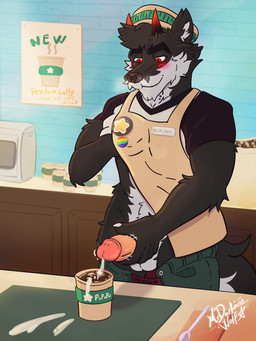 balls barista beverage bodily_fluids coffee cum cum_drip cum_in_food dripping ejaculation food genital_fluids genitals humanoid_genitalia humanoid_penis male masturbation penis solo mrdarknesswolf dantalos canid canine canis demon hybrid mammal wolf 3:4 absurd_res hi_res