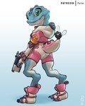 2024 amphibian anthro blue_body bodysuit butt clothed clothing conditional_dnp female frog fully_clothed gecko gun jazz_(heart_electric) lizard looking_at_viewer looking_back pyriax ranged_weapon rear_view reptile scalie skinsuit smile solo standing three-quarter_view tight_clothing weapon