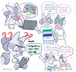 2023 akibun anthro blue_body blue_fur blue_text blush blush_lines cellphone clothing computer confusion dialogue duo electronics english_text fur generation_4_pokemon generation_9_pokemon girly green_body green_fur hand_holding heart_symbol hi_res in_denial laptop lgbt_pride lucario male male/male meowscarada mug multicolored_body multicolored_fur nintendo open_mouth phone pink_eyes pink_text pokemon pokemon_(species) pride_color_flag pride_colors question_mark shirt simple_background sitting speech_bubble standing t-shirt text texting thinking_about_another topwear vincian_pride_colors white_background white_clothing white_shirt white_topwear
