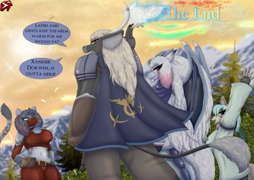 accessory ahoge amber_eyes anthro armor back_wings bangs belt belt_buckle belt_pouch black_body black_fur black_nose blonde_hair blue_body blue_cape blue_clothing blue_eyes blue_hair blue_scales blurred_background bottomwear breasts brown_bottomwear brown_clothing brown_pants buckle cape chest_tuft clothing cloud coat countershade_face countershade_tail countershade_torso countershading dialogue ear_piercing ear_ring electricity elemental_manipulation eye_markings eye_scar facial_scar fangs fantasy female fingerless_gloves fluffy fluffy_tail freckles fur furgonomics gauntlets gesture gloves green_bottomwear green_clothing green_coat green_hair green_pants green_topwear grey_body grey_fur hair halo hand_on_hip handwear headband highlights_(coloring) horn horn_accessory hornband inner_ear_fluff insignia leaf lens_flare light lightning_magic long_hair looking_back magic_user magnetism male markings mask mature_male mountain mountain_range muscular muscular_female muscular_male neck_tuft outside oversized_sleeves pants petals piercing plant purple_eyes red_bottomwear red_clothing red_hair red_pants red_shirt red_topwear ring ring_piercing sabertooth_(anatomy) sailor scales scar scarf shirt short_hair shoulder_pads shrub sky smile sparkles spikes spikes_(anatomy) spots spotted_markings sun sunlight sunset tail tail_accessory tail_fluff tail_scales tailband talking_to_another tan_body tan_fur teeth text the_end title_card topwear tree tuft ventral_scales walking_away water water_manipulation waving wearing_mask wheat white_clothing white_coat white_hair white_topwear wind wind_magic wings yellow_eyes stylish_apollo heart_of_the_lands mythology ithaca_juneia roseland_mingwei xander_dorwin zenchi_hasagami bovid bovine canid canine canis clouded_leopard coyote dragon felid mammal mythological_creature mythological_scalie pantherine scalie true_buffalo water_buffalo comic end_page english_text hi_res story story_in_description