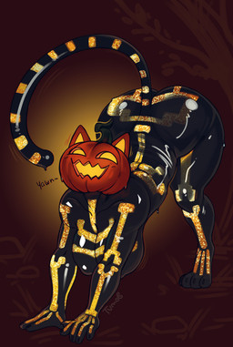 ass_up big_breasts black_body bone breasts brown_background butt clothed clothing female food for_a_head fruit latex looking_at_viewer nipple_outline plant pumpkin pumpkin_head simple_background smile solo sparkles tail text thick_thighs tvmob epic_games fortnite spice_(fortnite) felid humanoid mammal object_head absurd_res digital_media_(artwork) hi_res