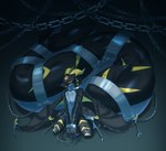ambiguous_gender angry anthro big_tail black_body black_scales black_skin black_tail bound bridle chain chained crouching fin floor gag gagged grey_body horn huge_tail hyper hyper_tail long_tail looking_at_viewer markings multicolored_body scales scratches solo tail tail_fin thick_tail two_tone_body wing_bondage wings yellow_eyes yellow_horn yellow_markings yellow_wings crane6407 mythology yvelkram_(character) cetacean dolphin dragon hybrid mammal marine mythological_creature mythological_scalie scalie toothed_whale absurd_res digital_media_(artwork) hi_res