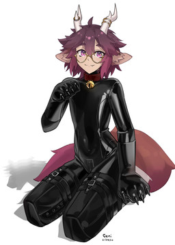 2_horns ahoge ambiguous_gender ambiguous_humanoid antler_jewelry antlers bangs bell bell_collar black_latex bodysuit bound clothed clothed_ambiguous clothed_humanoid clothing collar crotch_zipper cute_fangs ear_piercing ear_ring ears_outwards eyebrow_through_hair eyebrows eyelashes eyewear fangs fluffy fluffy_tail frogtied full_body_suit fur glasses glistening glistening_eyes glistening_latex gloves gold_(metal) gold_ear_ring hair handwear head_horn horn inner_ear_fluff jingle_bell jingle_bell_collar kneeling latex latex_bodysuit latex_clothing latex_skinsuit legs_tied looking_at_viewer medium_hair parted_bangs paw_gloves piercing pivoted_ears pointy_ears prick_ears purple_body purple_eyebrows purple_eyes purple_fur purple_hair ring_piercing shadow simple_background skinsuit slim_ambiguous slim_humanoid smile smiling_at_viewer solo tail teeth text thick_eyelashes three-quarter_view tight_clothing translucent translucent_hair tuft wearing_glasses white_background yellow_eyewear yellow_glasses geni_(artist) animal_humanoid deer deer_humanoid humanoid mammal mammal_humanoid 2026 absurd_res artist_name dated digital_drawing_(artwork) digital_media_(artwork) english_description full-length_portrait hi_res portrait nonbinary_(lore)