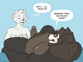 age_difference anthro balls barely_visible_balls barely_visible_genitalia beard blue_background blush body_hair brown_body brown_fur cheek_tuft countershade_torso countershading dialogue dork duo erection eyebrows facial_hair facial_tuft fangs foreskin fur genitals glans hair hair_bun happy_trail humanoid_genitalia humanoid_penis imminent_handjob lying male male/male mane mature_male narrowed_eyes neck_tuft nipples no_irises nude on_back overweight overweight_anthro overweight_male penis pink_nipples profanity pubes simple_background slim slim_anthro slim_male smile sweat_emanata teeth text thick_eyebrows tuft white_body white_fur white_sclera scribefang aritaka_(scribefang) seikuu_(scribefang) badger mammal mustelid musteline stoat true_musteline weasel 2026 english_text hi_res