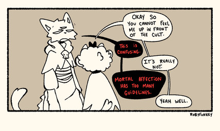 ambiguous_anthro ambiguous_gender anthro clothed clothed_anthro clothing dialogue looking_at_another speech_bubble talking_to_another text rubyfunkey cult_of_the_lamb massive_monster_(studio) lamb_(cult_of_the_lamb) narinder bovid caprine domestic_cat felid feline felis mammal sheep 2024 comic digital_drawing_(artwork) digital_media_(artwork) english_text