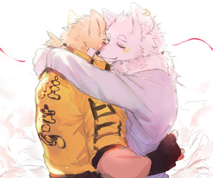 anthro bandage bandage_on_face biped black_clothing black_gloves black_handwear bodily_fluids clothed clothing crying duo ear_piercing ear_ring eyes_closed fully_clothed fur gloves handwear hug jacket male piercing ring_piercing shirt simple_background standing tan_body tan_fur tears text text_on_clothing text_on_topwear topwear white_body white_clothing white_fur white_shirt white_topwear yellow_clothing yellow_jacket_(clothing) yellow_topwear yuqiqiya54831 dog_x_bloods protagonist_(dog_x_bloods) qianbei_(dog_x_bloods) arctic_fox canid canine canis domestic_dog fox mammal true_fox 2022 digital_drawing_(artwork) digital_media_(artwork) hi_res