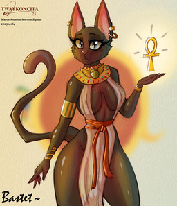 accessory ankh anthro armband armlet big_breasts biped black_body black_eyebrows black_fur blue_eyes breasts cat_tail clothed clothing curvy_figure decorative_scarab dress ear_piercing ear_ring egyptian egyptian_clothing eyebrows eyelashes female floating_object fur gesture glistening glistening_body glistening_fur hand_gesture jewelry looking_at_viewer makeup mascara necklace neutral_expression piercing pink_nose pose pupils ring_piercing simple_background slit_pupils small_waist solo standing text thick_thighs usekh whiskers white_background white_clothing white_dress white_sclera wide_hips twaykoncita egyptian_mythology middle_eastern_mythology mythology bast deity domestic_cat felid feline felis mammal 2025 absurd_res digital_drawing_(artwork) digital_media_(artwork) english_text hi_res signature watermark