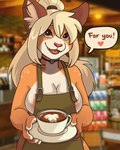 anthro apron apron_only areola areola_slip beverage big_breasts blonde_hair breasts choker cleavage clothed clothing coffee countershading dialogue ear_piercing female hair industrial_piercing jewelry latte_art mostly_nude necklace piercing smile solo text merlinmakes freyja_(merlin) domestic_cat felid feline felis mammal 2021 english_text hi_res meme