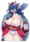 accessory alcohol anthro asian_clothing beverage big_breasts blue_body blue_hair bottle bottomwear braided_hair breasts camel_toe cleavage clothed clothing collarbone container ear_piercing east_asian_clothing eyebrows eyelashes female flower flower_in_hair fundoshi glistening glistening_breasts glistening_thighs hair hair_accessory holding_bottle holding_container holding_object horn huge_breasts japanese_clothing kemono loincloth looking_at_viewer open_mouth piercing plant purple_eyes solo tail tail_tuft thick_thighs tuft underwear white_body white_clothing white_fundoshi white_underwear wide_hips yukata yamame513 mythology dragon mythological_creature mythological_scalie scalie wingless_dragon 2024 hi_res