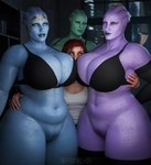 belly big_breasts big_butt blue_body bottomless bra bra_only breasts butt cleavage clothed clothing female female/female genitals green_body group hand_on_hip huge_breasts huge_butt huge_thighs larger_female legwear lips navel pseudo_hair purple_body pussy size_difference slightly_chubby smaller_female smaller_human tentacle_hair tentacles thick_thighs thigh_highs underwear underwear_only sandreiio bioware electronic_arts mass_effect commander_shepard female_shepard alien asari human humanoid mammal 3d_(artwork) digital_media_(artwork) hi_res