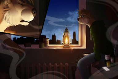 anthro brown_body brown_fur brown_hair clothed clothing detailed_background eyewear fur glasses hair inside lamp lantern male night sky solo star starry_sky rayley mammal mustelid otter 2016 digital_media_(artwork)