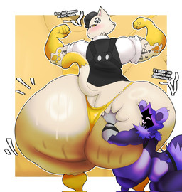 anthro areola big_breasts big_butt black_hair blush breasts butt butt_grab clothing dipstick_tail duo exclamation_point female flexing flexing_bicep hair hand_on_butt hood huge_breasts huge_butt hyper hyper_butt looking_back male male/female markings nipples open_mouth purple_areola purple_nipples shirt tail tail_markings text thick_thighs thong topwear underwear white_body wide_hips yellow_eyes crowundeadcat epic_games fortnite meowdas raven_team_leader bear domestic_cat felid feline felis mammal english_text hi_res
